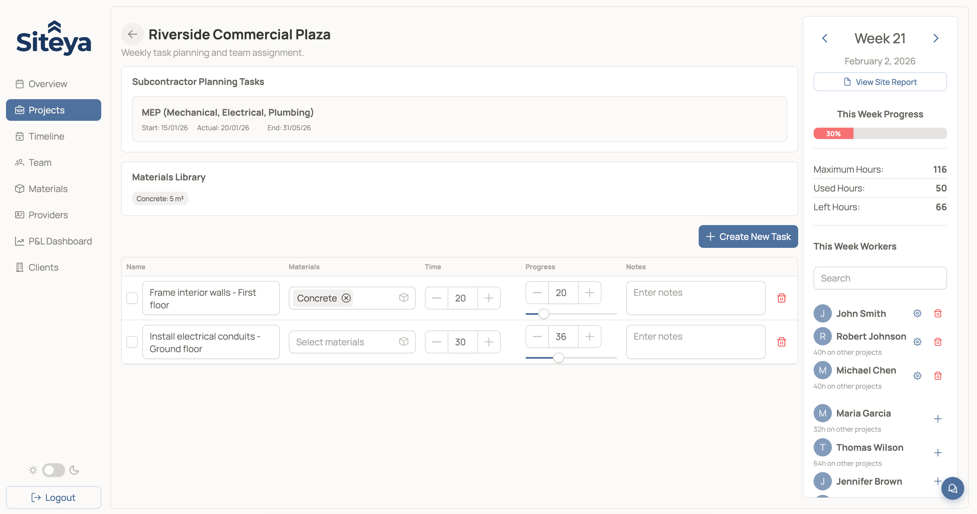 Weekly planning view in Siteya